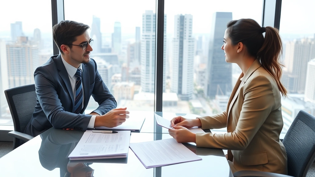 HR professional consulting with employee in modern office, both seated at desk with documents, professional discussion, glass windows showing city skyline behind them