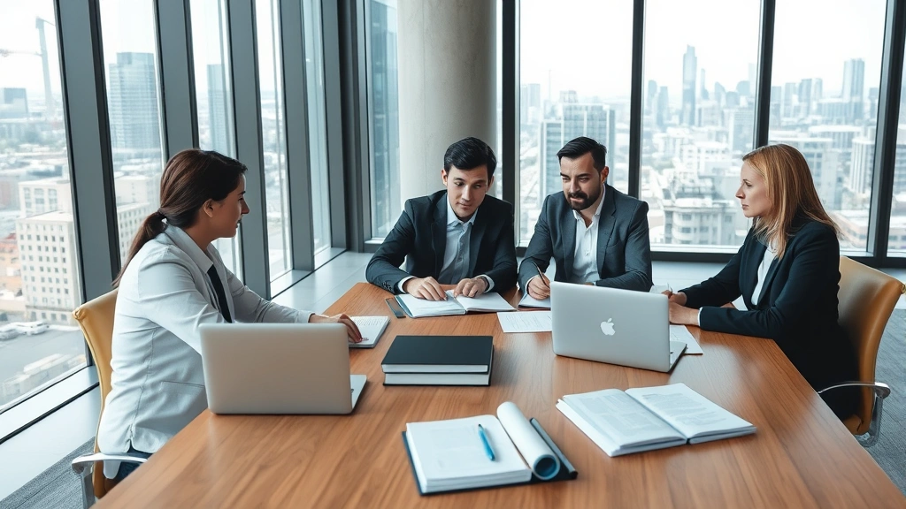 Professional attorneys in business casual attire collaborating at wooden conference table with law books, legal documents, and laptop in modern law office with floor-to-ceiling windows overlooking city skyline