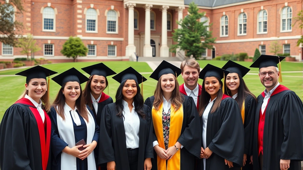 Diverse group of law school graduates wearing academic regalia and smiling while standing together on university campus quad with classical brick law school building and green lawn in background