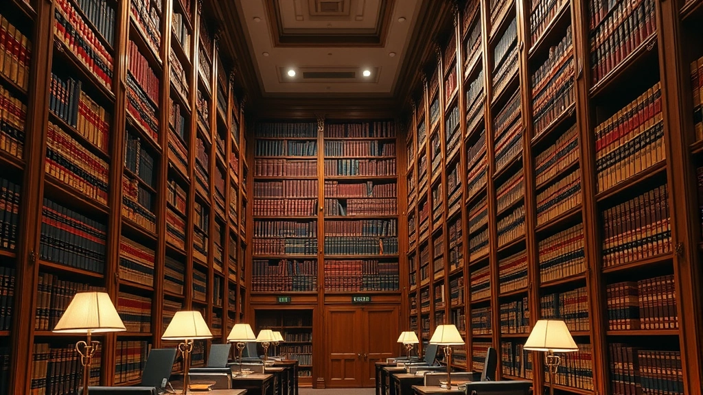 Law library interior with tall wooden bookshelves filled with leather-bound law reports and legal reference books, study carrels with desk lamps, warm wood paneling and professional academic atmosphere