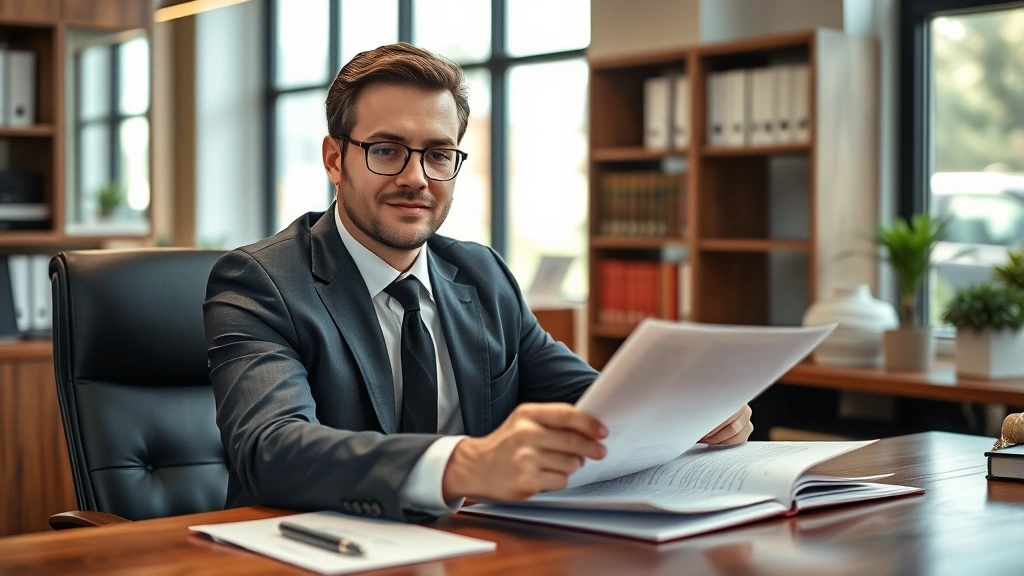 Professional male lawyer in formal business suit reviewing vehicle repair documents and contract papers at wooden desk in modern law office, confident expression, natural daylight from office windows
