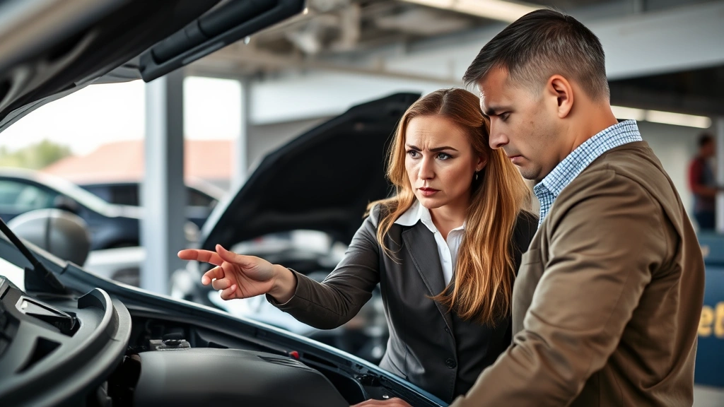 Close-up of frustrated female car owner examining engine bay defect with dealership service manager pointing to mechanical problem, outdoor service bay setting, professional attire, genuine concern on faces