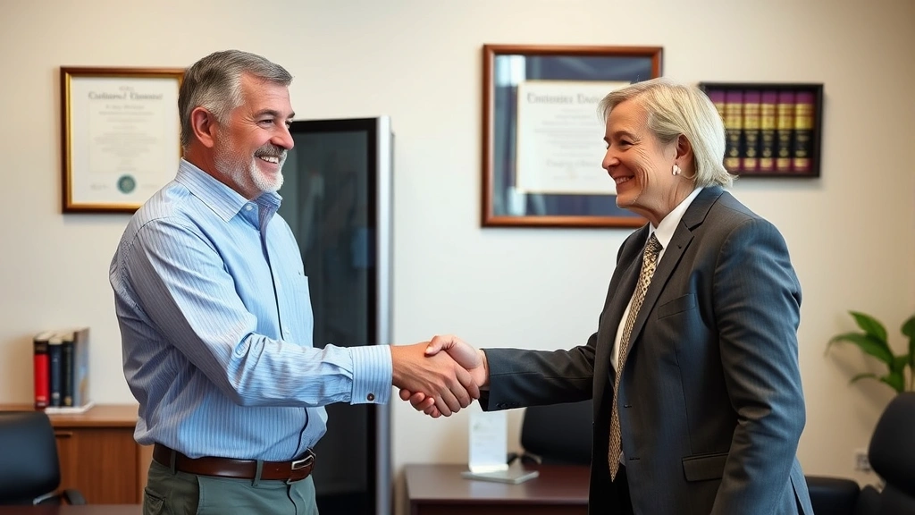 Handshake between satisfied consumer and legal representative in office setting after successful vehicle settlement, both smiling, diploma and law books visible on wall behind them, warm professional environment