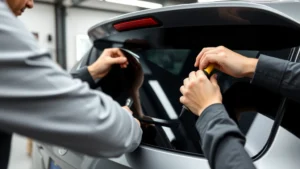 Professional window tint installer applying dark tint film to a car's rear window using precision tools, showing hands working carefully on automotive glass in a modern shop setting