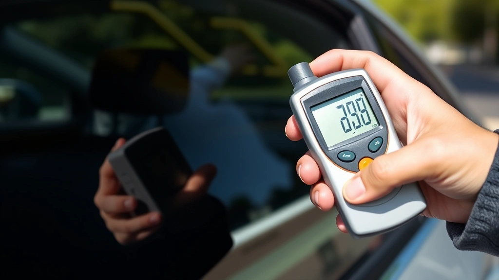 Close-up of a light meter being held against a vehicle's side window to measure tint darkness percentage, demonstrating professional compliance testing in daylight