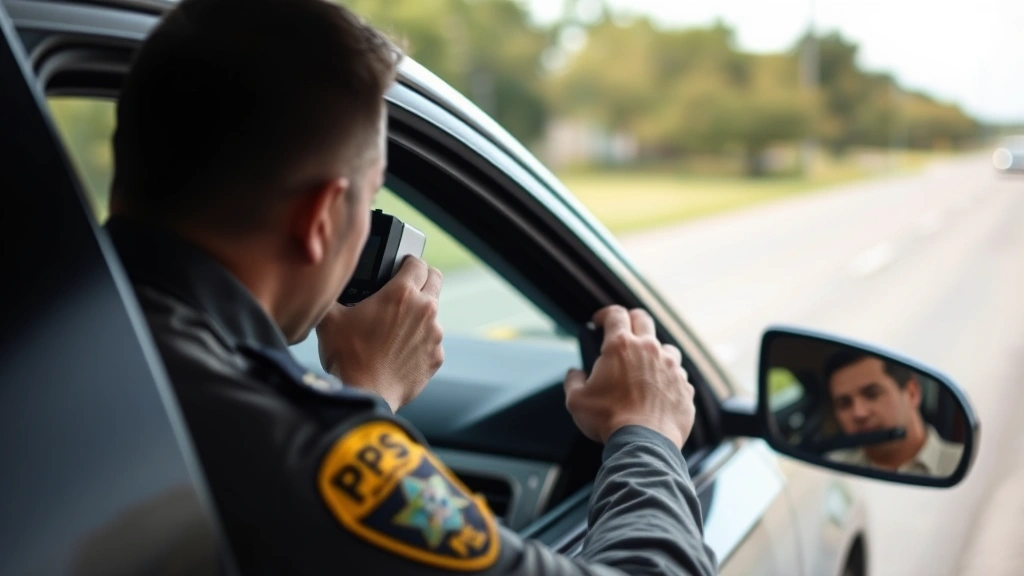 Texas DPS officer using portable light measurement device to check window tint darkness during a roadside vehicle inspection, with vehicle and officer visible