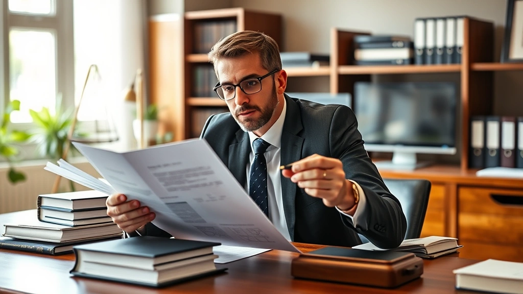 Professional lawyer in business attire reviewing legal documents at wooden desk with law books and computer, natural office lighting, confident and focused expression