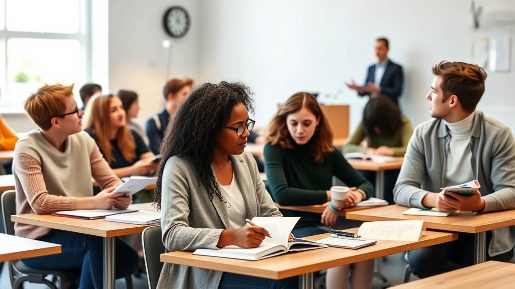 Law school classroom with diverse students taking notes, professor lecturing in background, modern educational setting with natural light from windows, engaged learning environment