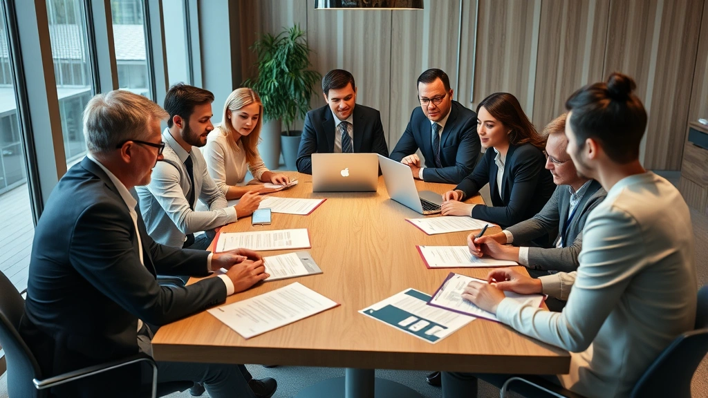 Diverse group of professionals in business meeting around conference table, reviewing contracts and agreements, collaborative atmosphere with laptops and documents, professional workspace