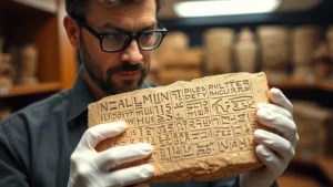 Professional historian examining ancient stone tablet with cuneiform writing in museum archive, wearing white gloves, focused scholarly expression, soft museum lighting, close-up of hands and artifact