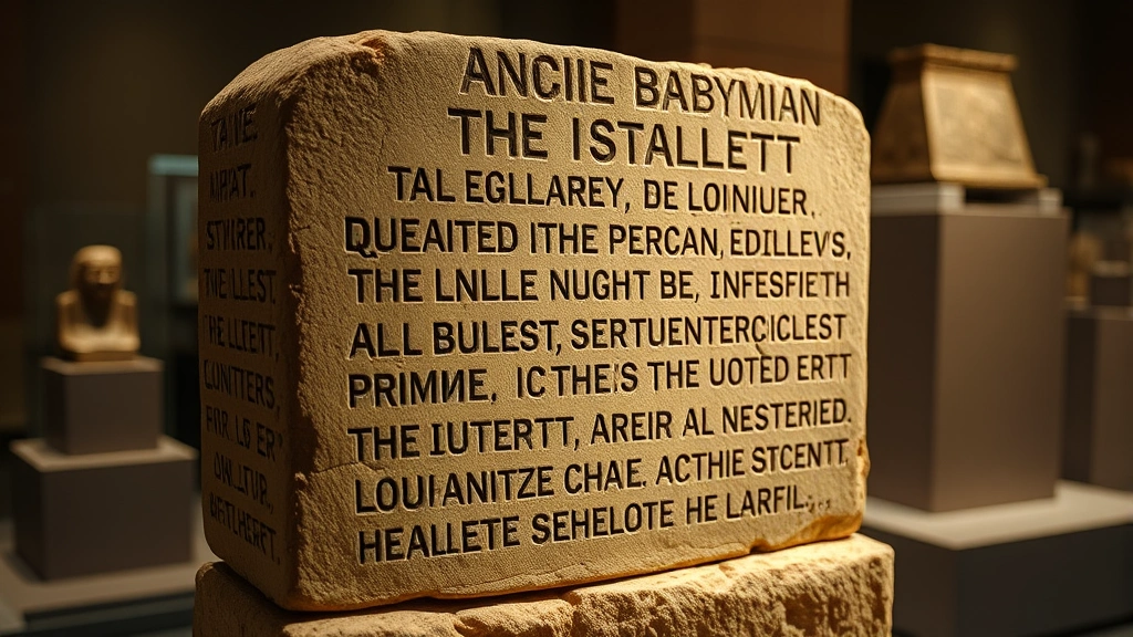 Ancient Babylonian stone stele with engraved legal text photographed at museum, dramatic lighting highlighting carved details, historical artifact display, professional museum photography