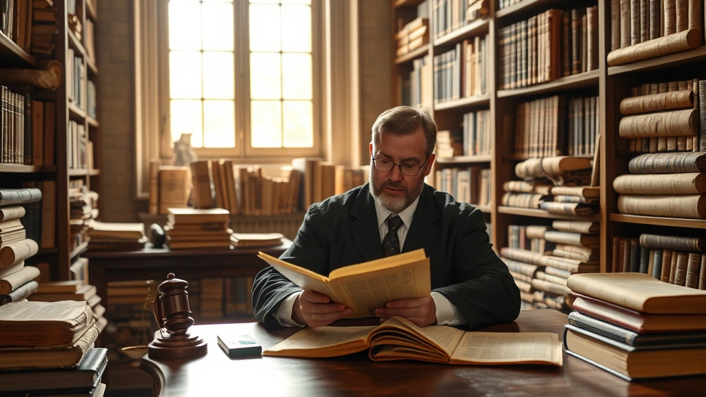 Scholarly legal professional in library surrounded by ancient law books and scrolls, examining historical documents at wooden desk, natural window light, focused academic work environment