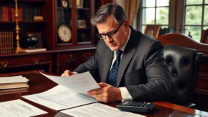 Professional attorney reviewing inheritance documents at mahogany desk with family heirlooms visible, warm office lighting, serious focused expression, legal documents and calculator nearby