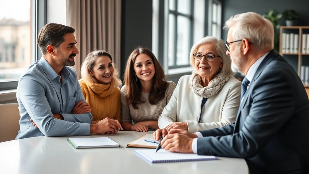 Diverse family group meeting with elder lawyer in modern law office, discussing estate matters, natural window light, respectful professional atmosphere, notebooks and pen on table