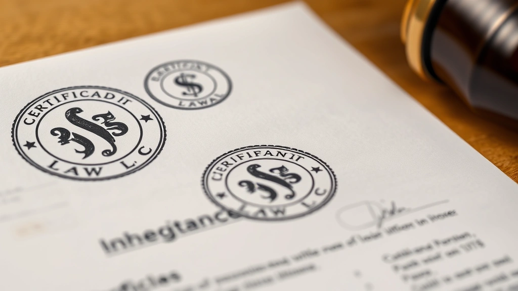 Close-up of certified legal documents with official seals, stamped approval marks, and signatures on inheritance paperwork, warm neutral background, professional presentation