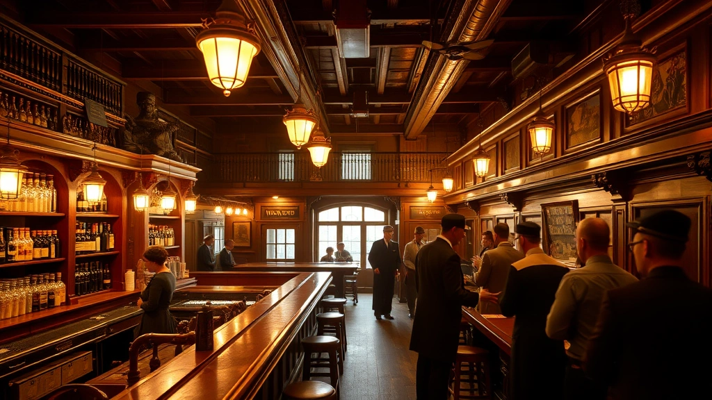Professional photograph of a historic New York City saloon interior from the 1890s-1900s era, showing wooden bar fixtures, brass railings, and period lighting, with patrons in period clothing, warm sepia-toned aesthetic, historically accurate details