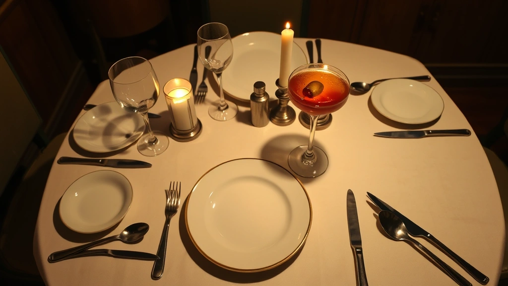 Overhead view of a vintage dining table set with period dishware and glassware, featuring a small meal plate and cocktail glass, warm candlelit atmosphere, wood paneling in background, intimate speakeasy-style setting