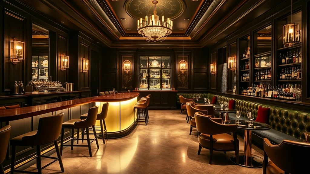 Interior photograph of a modern craft cocktail bar designed with prohibition-era aesthetic, featuring dim lighting, vintage furnishings, brass accents, and sophisticated ambiance, contemporary execution of historical style