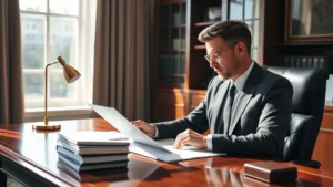 Professional attorney in business suit sitting at mahogany desk reviewing legal documents with focused concentration, morning natural light streaming through office windows, calm professional demeanor