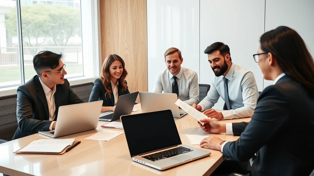 Diverse group of legal professionals in business attire collaborating around conference table with open laptops and documents, engaged in collaborative discussion with positive body language and professional environment
