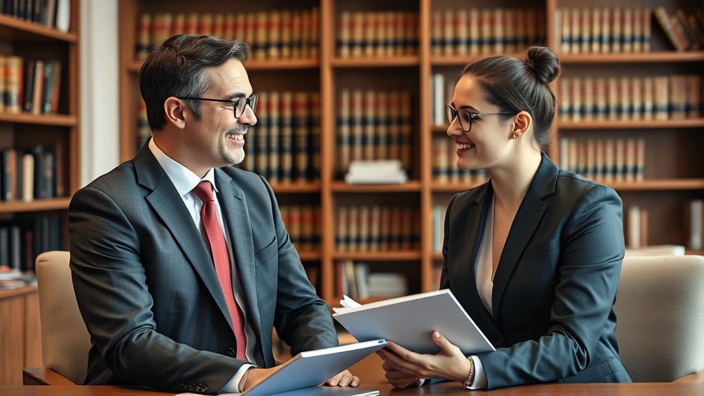 Senior lawyer and junior associate in formal business clothing having mentoring conversation in modern law office, warm professional atmosphere with bookshelves and law books visible, genuine connection and knowledge transfer