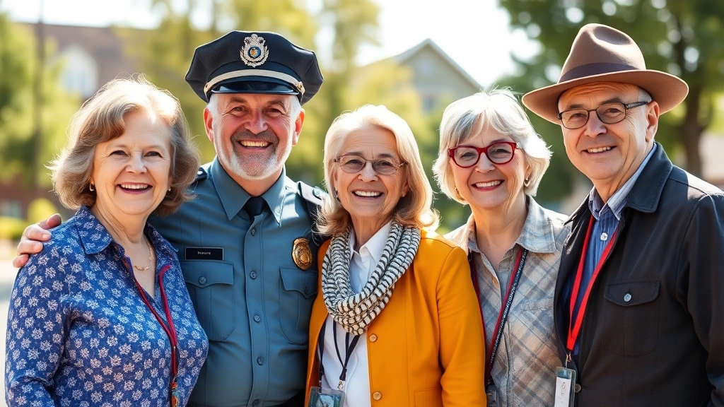 Diverse group of retired professionals including former teacher, police officer, and government worker smiling together outdoors, bright daylight, genuine happiness, representing different public service careers