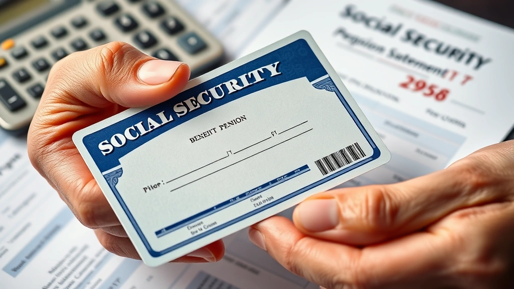 Close-up of hands holding Social Security card and benefit statement, with calculator and pension documents visible, professional lighting emphasizing important documents