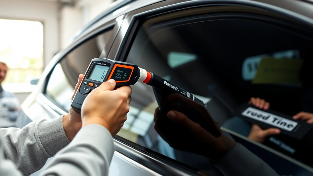 Professional automotive window tinting specialist using light transmittance meter to measure window tint darkness on passenger vehicle, precise measurement tool, modern auto shop setting, natural lighting showing tint sample colors