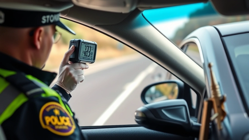 Traffic enforcement officer conducting roadside vehicle inspection with light transmittance measuring device on driver's side window, professional law enforcement setting, daytime scene, measuring compliance