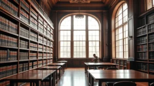 Professional law library with mahogany bookshelves, leather-bound legal volumes, and natural light streaming through large windows, empty study tables, prestigious academic setting
