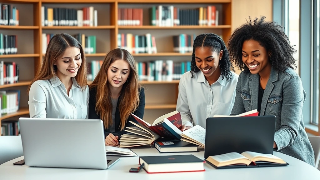 Young diverse law students studying in modern library, laptops and legal textbooks on table, concentrated expressions, professional casual attire, bright contemporary space