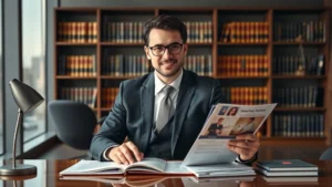 Professional male attorney in business suit sitting at modern desk reviewing documents and advertising materials, confident expression, law office background with bookshelves and city view, natural lighting, photorealistic