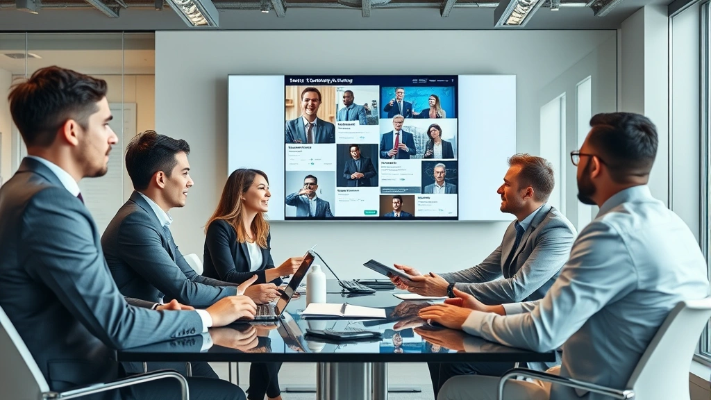 Diverse team of legal professionals in modern law office conference room collaborating on marketing campaign strategy, reviewing digital displays and campaign materials, professional attire, bright contemporary workspace, photorealistic