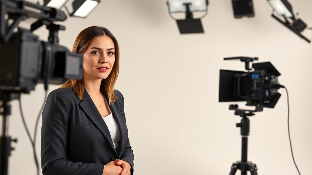 Female attorney in professional blazer recording video testimonial or commercial advertisement in modern studio setting, professional lighting setup, confident demeanor, clean background, photorealistic
