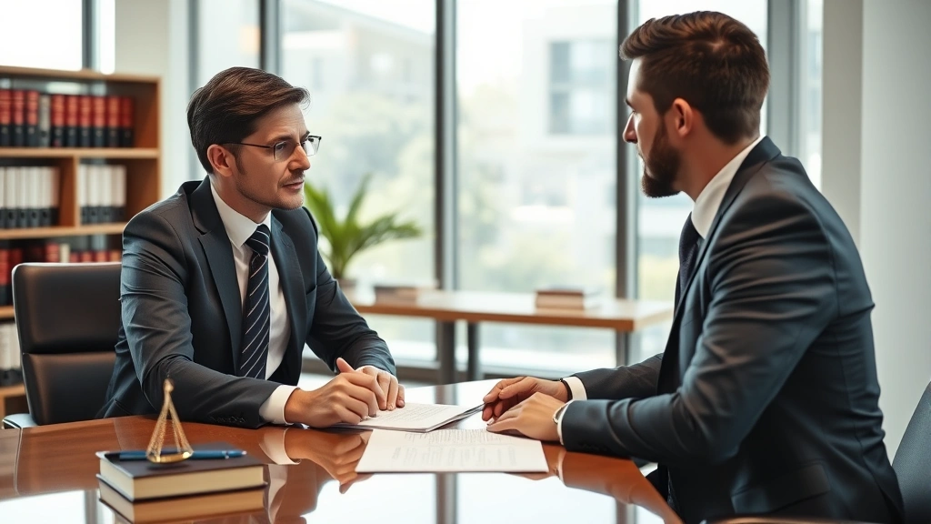 Professional legal consultation in modern office: attorney meeting with client across desk, discussing documents, serious professional attire, natural lighting, law books visible in background