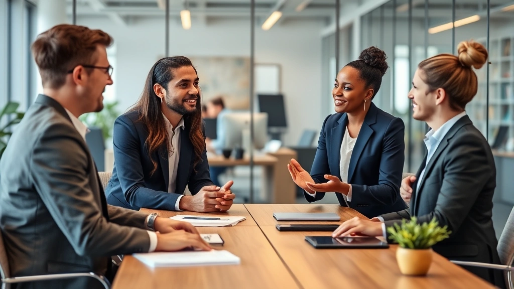 Diverse workplace meeting scenario: professionals engaged in appropriate professional interaction, modern office setting, collaborative atmosphere, diverse team members, respectful body language