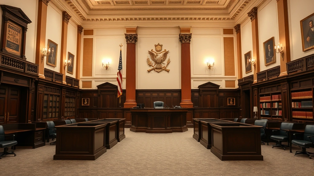 Courthouse interior: formal legal setting with professional architectural elements, empty courtroom or legal office environment, professional and authoritative atmosphere, law library or legal resources visible