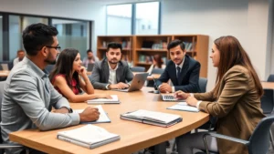 Professional law school classroom with diverse students engaged in discussion, natural lighting, modern furniture, legal textbooks and materials visible on desks