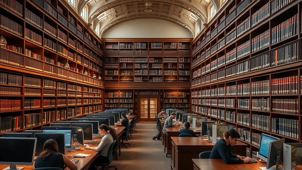 Law library interior with extensive bookshelves, computer workstations, students studying independently, professional and scholarly atmosphere, natural or warm lighting