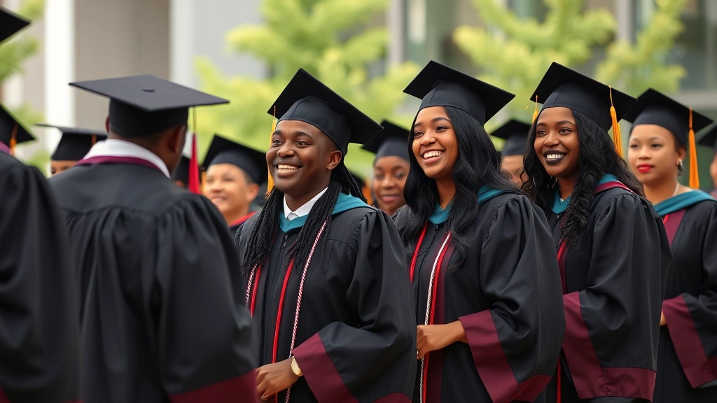 Graduation ceremony moment showing law graduates in regalia celebrating achievement, outdoor or formal indoor setting, authentic emotion and diversity represented