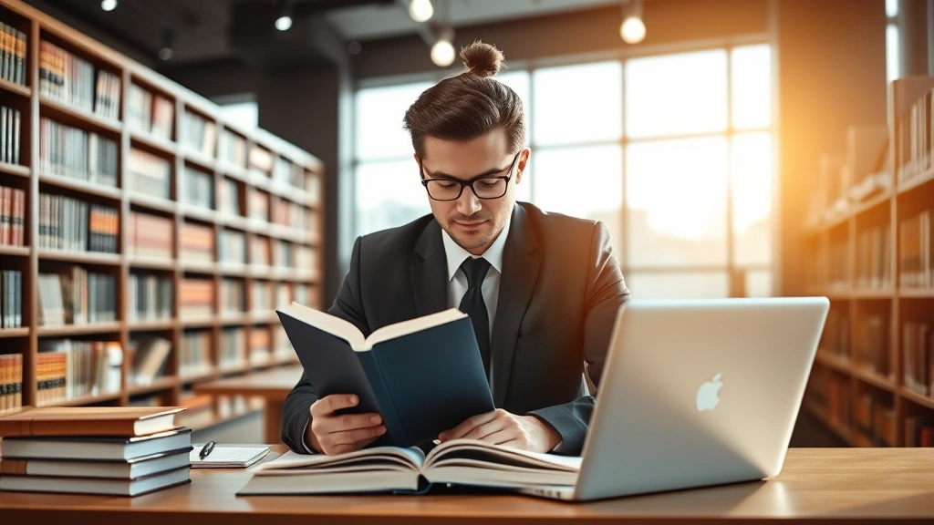 Professional law student studying in modern law library with natural light, focused on textbooks and laptop, clean organized desk with legal materials, warm professional atmosphere
