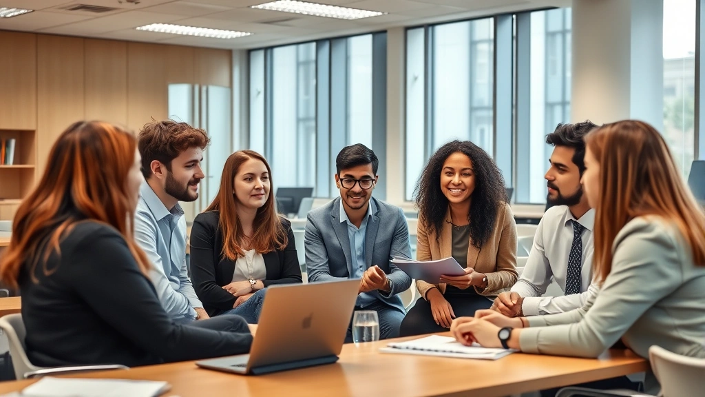 Diverse group of law students engaged in classroom discussion with professor, collaborative learning environment, modern classroom with natural lighting and contemporary furniture