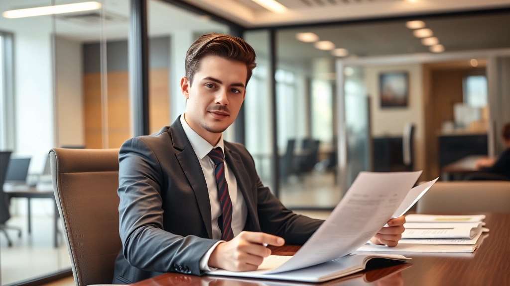 Young attorney in business professional attire in modern law office, reviewing documents at desk, confident professional appearance, contemporary office setting with glass partitions