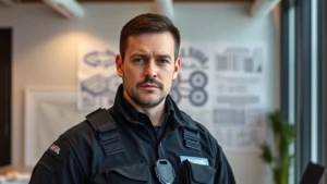 Professional man in dark tactical attire with serious expression, standing in modern office setting with architectural blueprints and strategic planning materials visible in background, photorealistic style