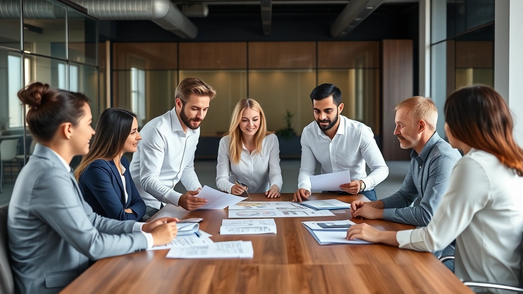 Diverse team of skilled professionals in modern workplace collaborating around conference table with strategic documents and analysis materials, professional photography style