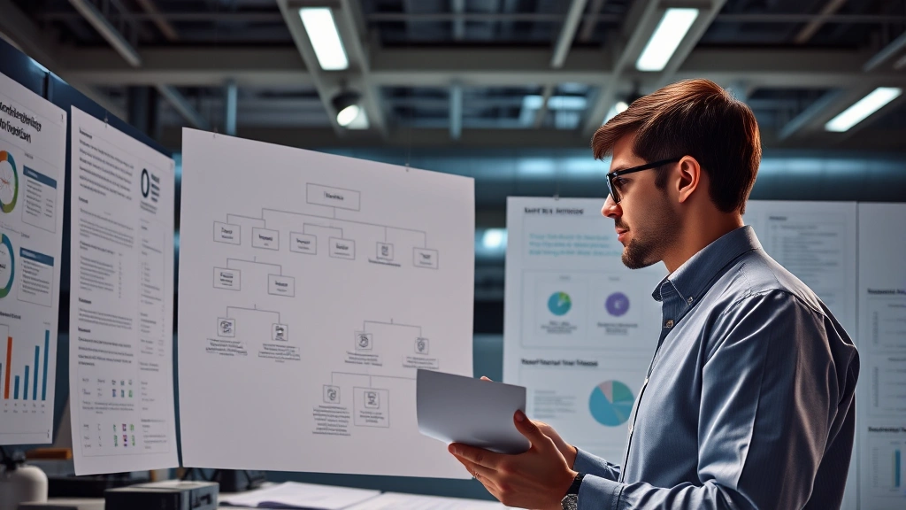 Intelligent individual studying complex organizational charts and power structure diagrams in research facility, photorealistic with professional lighting and contemporary setting