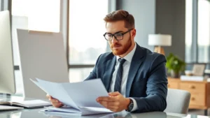 Professional man in formal attire reviewing documents at modern desk with confident expression, natural lighting from office window, sophisticated workspace setting