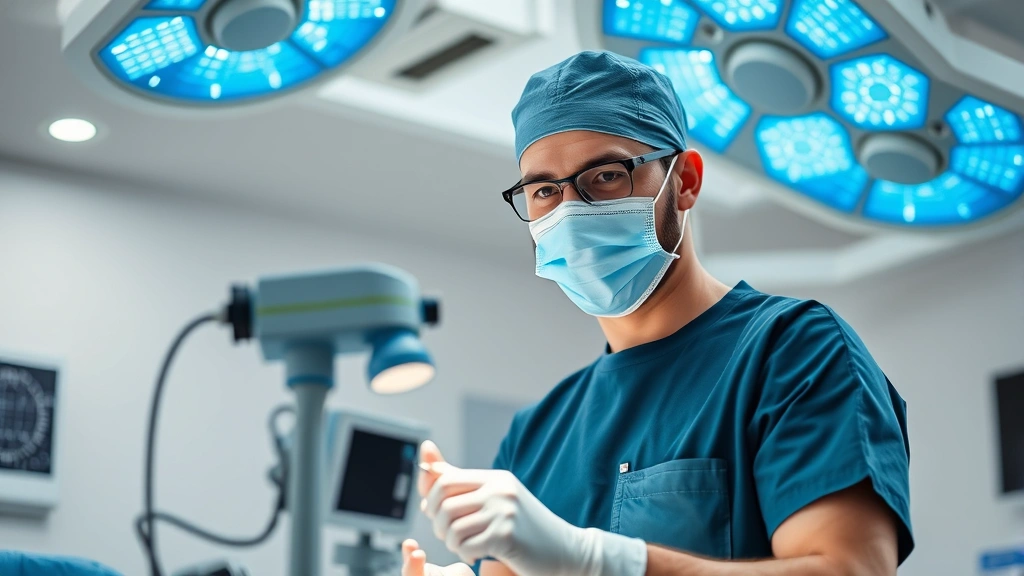 Professional male surgeon in modern operating room wearing surgical scrubs and mask, performing precision medical procedure with advanced equipment, calm focused expression, clean clinical environment with blue surgical lights
