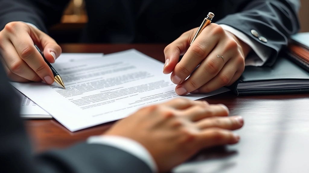 Close-up of professional hands signing important document with fountain pen, formal desk setting, legal papers and folders visible, emphasizing accountability and commitment