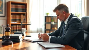 Professional legal consultation room with law books, wooden desk, and attorney reviewing documents, morning natural lighting, photorealistic style, no visible text or signage